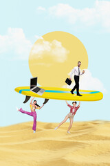 Poster - Vertical photo collage of two happy girl dancer hold surfboard boss man walk macbook device office weekend isolated on painted background