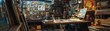 © ZeNDaY - A workspace for a comic book artist featuring a large tablet, stacks of comic books, and character figurines