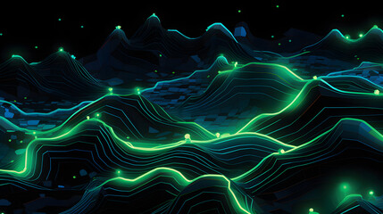 Poster - Futuristic neon greens cybernetic patterns resembling a topographic map design poster background