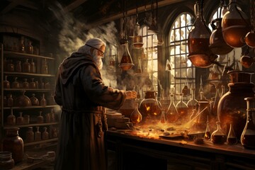 Illustration of an old alchemist conducting experiments amidst potions and smoke in a medieval lab