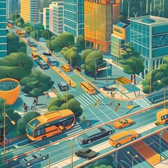 Poster - futuristic metropolis with solar powered electric transportation network