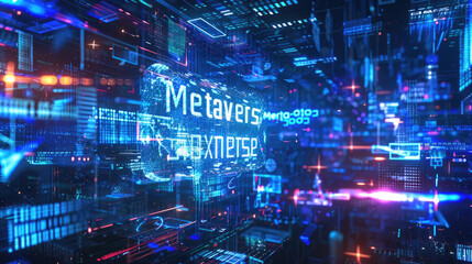 Poster - Futuristic dark cyber space with neon sign Metaverse, abstract digital world, lettering on data lights background. Concept of future, tech, blue virtual reality