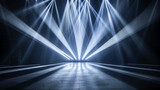 Fototapeta  - Dark stage background, abstract concert space with pattern of spotlight, blue light lines. Concept of show, studio, display, podium, beam, party,