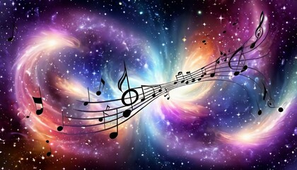 Wall Mural - Abstract celestial symphony background with swirling galaxies and cosmic music notes.