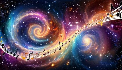 Wall Mural - Abstract celestial symphony background with swirling galaxies and cosmic music notes.