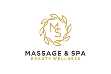 Wall Mural - Women's massage and beauty spa design logo, luxury leaf ornament with M and S initial.
