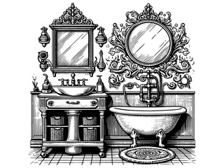 Wall Mural - Bathroom design. Hand drawing vintage style black and white clip art. Raster, generative ai.