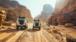 Two jeeps are seen driving down a dusty desert road, kicking up clouds of sand behind them under a clear blue sky.