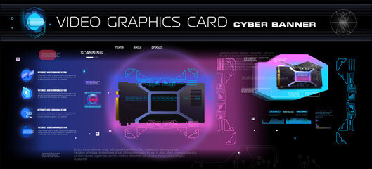 Poster - video card for computer. technology cyber banner. powerful digital system with development of comput