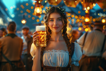 Wall Mural - Beautiful young Caucasian woman celebrating Octoberfest, dressed in traditional attire, holding a beer mug in a festive tent environment, showcasing national culture and festivities