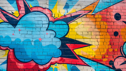 Pop art comic street graffiti with a cloud on a brick wall. Fantastic poster background.	