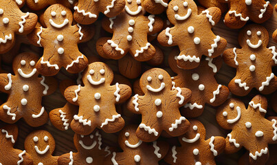 Christmas food bakery bake - Closeup of many gingerbread men cookies, top view pattern