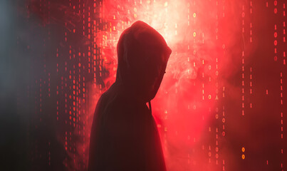 mysterious hacker silhouette against a background of binary code, cybersecurity concept