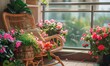 Sunny balcony retreat with lush flowers and a relaxing wooden chair