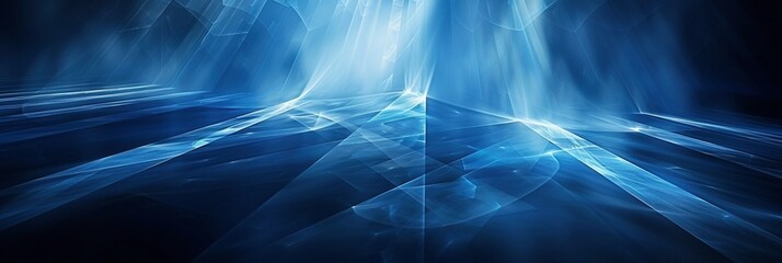 Sharp-edged, layered glass panels create a dynamic blue abstract background. Light rays cut through the composition, hinting at a futuristic or science fiction theme