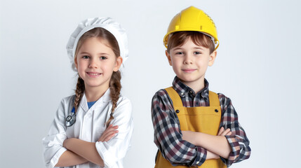 Canvas Print - Two boy and girl kid as a professional, girl in doctor pose