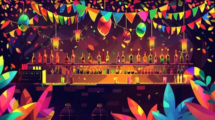Wall Mural - A vector illustration of a bar counter scene from a medium distance, no people, instruments, or leaves in view