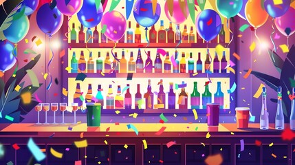 Wall Mural - A vector illustration of a bar counter scene from a medium distance, no people, instruments, or leaves in view