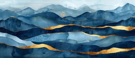 Serene Asianinspired watercolor landscape, featuring layered blue mountains with subtle gold accents, perfect for a tranquil background