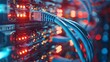© horizon - An closeup of network cables and equipment in an IT server room, highlighting the data transfer process between devices.