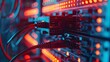 © horizon - An closeup of network cables and equipment in an IT server room, highlighting the data transfer process between devices.