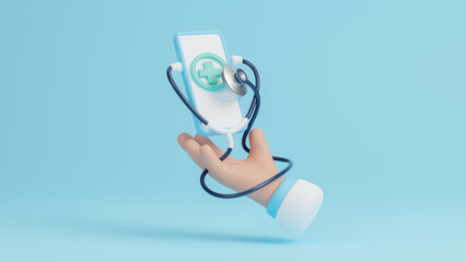 Telemedicine concept, mobile phone with healthcare app on chat in messenger. Online communicating the patient on VR medical interface with internet consultation technology. 3d rendering illustration