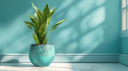 A beautiful snake plant in a blue pot, set against a light-filled background with soft shadows. The image captures the plant's elegance and the serene atmosphere, perfect for home decor inspiration.