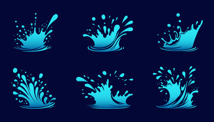 Wall Mural - Set of water wave splashes, falling aqua drops, sea or ocean waves. Blue water motion effects shape isolated on background, vector cartoon set