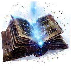 open magic book with glitter and stars coming out of the middle on white background