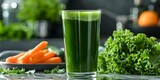 Kickstart your morning with a glass of cold-pressed green juice on a marble countertop. Concept Healthy Breakfast, Green Juice, Marble Countertop, Morning Routine, Cold-Pressed Juice