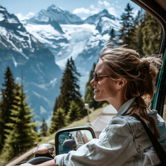 Sticker - Woman drives an SUV along a winding mountain road