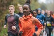 © Truprint - A woman in an orange jacket running in a group during Global Running Day, surrounded by other runners in a park, symbolizing fitness, community, and health