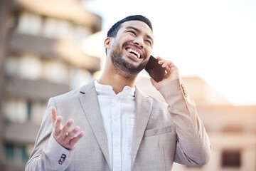 Poster - Phone call, smile or businessman in city with b2b conversation, networking or client communication. Travel, planning or Asian advisor with smartphone app in Tokyo calling taxi, chauffeur or service