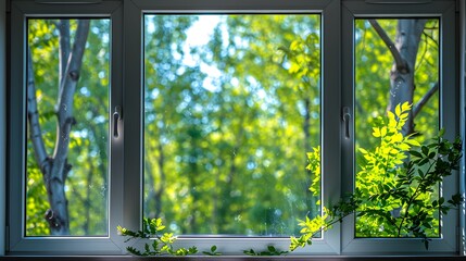 White plastic window with green trees outside. A green spring or summer nature view through the white glass windows of a modern house.
