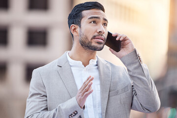 Poster - Phone call, thinking or businessman in city with b2b conversation, networking or client communication. Travel, planning or Asian consultant with smartphone app in Tokyo calling taxi chauffeur service