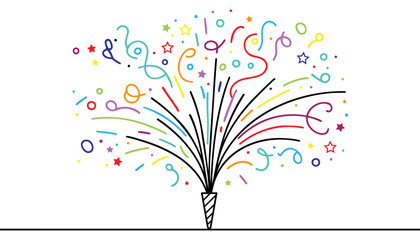 confetti party popper icon, fireworks logo, flat design. Firecracker for the holiday. Continuous one line drawing.