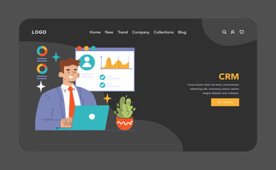 Poster - CRM dark or night mode web, landing. Businessman analyzes customer