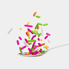 Wall Mural - Rainbow Sprinkles For Cakes And Bakery Items Falling From Top Onto A Silver Spoon 3D Illustration