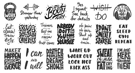 PNG Set of 19 motivational and inspirational lettering gym or fitness quotes for posters, decoration, prints, t-shirt design. Hand drawn typography. Handwritten sport slogans. 
