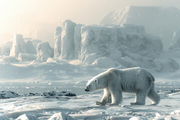 Wall Mural - A solitary polar bear traversing the vast expanse of Arctic ice, its fur blending seamlessly with the snow-covered landscape. Concept of Arctic wildlife and climate change. Generative Ai.