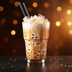 Wall Mural - Glass of of iced bubble tea with milk and ice cubes