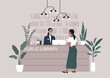 © nadia_snopek - Serene Encounter at the Public Library Reception, A patron interacts with a smiling librarian behind the reception desk
