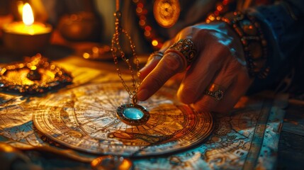 A psychic medium using a pendulum for divination, with the pendulum swinging over a map, chart, or diagram, suggesting the medium's ability to access hidden knowledge and insights.