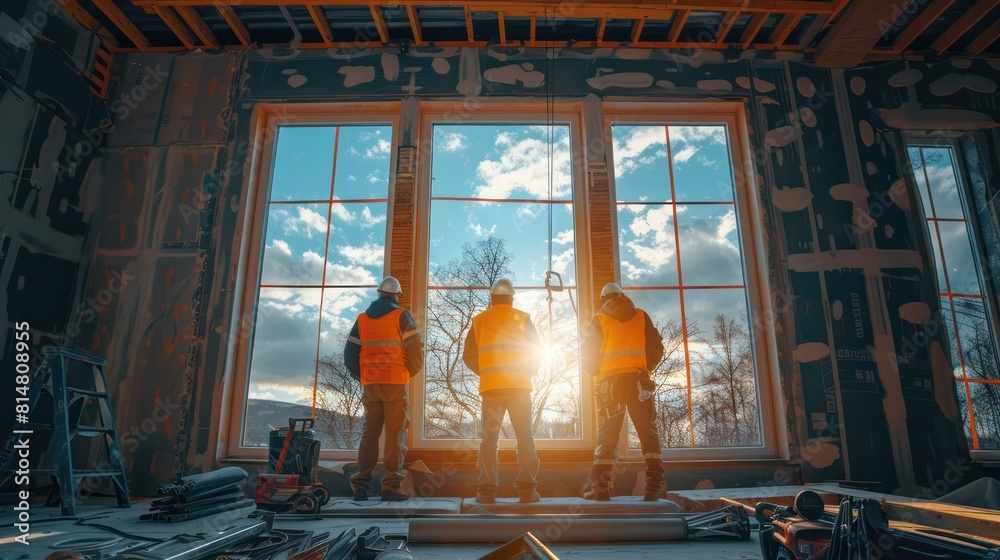 Wide angle shot of workers installing large windows in a new house ...