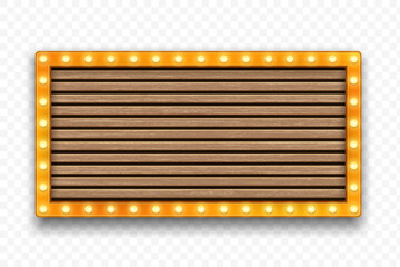 Wall Mural - Signboard made from Wooden slats with glowing bulbs. Advertising banner template. Isolated on a transparent background. Stock vector