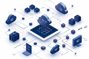 Aufkleber - A complex network of interconnected clouds and devices. The devices are connected to each other via a series of lines and nodes.