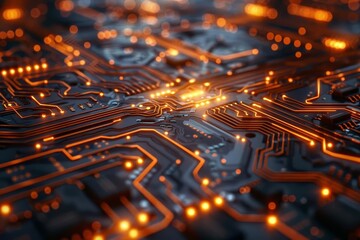Poster - An electronic circuit board with orange glowing lights. The circuit board is black and the lights are bright.
