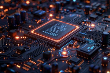 Aufkleber - An illustration of a computer chip with glowing orange and blue lights. The chip is the central processing unit (CPU) of a computer.