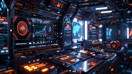 futuristic spaceship cockpit interior with control panels, screens, and navigation systems.