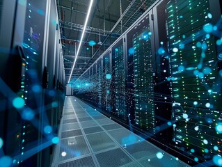Aufkleber - A large, dark room filled with rows of servers. The servers are lit up with blue lights, and there is a blue glow in the room.